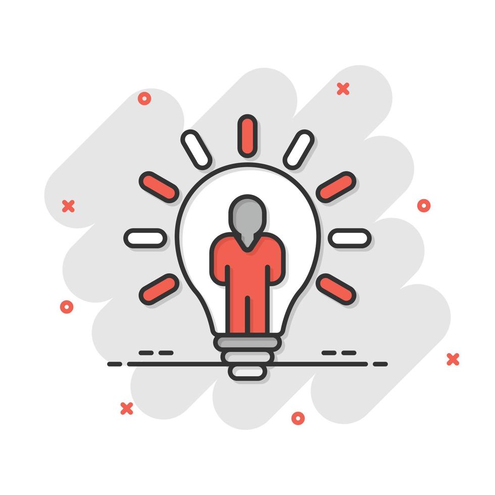 People with bulb icon in comic style. idea cartoon vector collection illustration on white isolated background. Brain mind splash effect business concept.