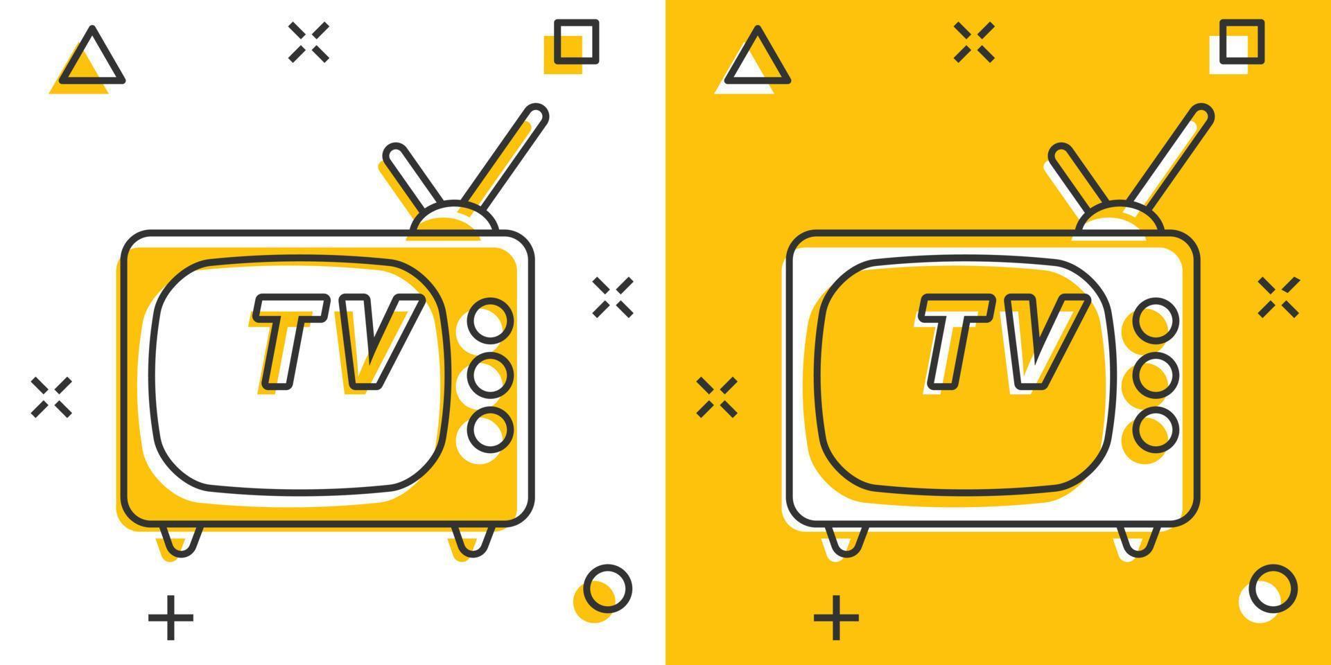 icono de tv de dibujos animados vectoriales en estilo cómico. pictograma de ilustración de señal de televisión. concepto de efecto de salpicadura de negocio de televisión. vector