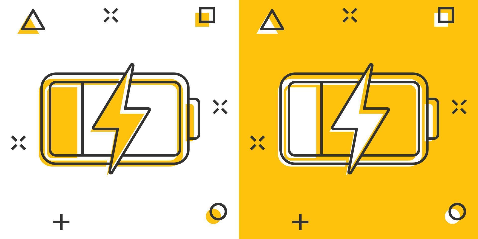 Vector cartoon battery charge level indicator sign icon in comic style. Battery sign illustration pictogram. Accumulator business splash effect concept.