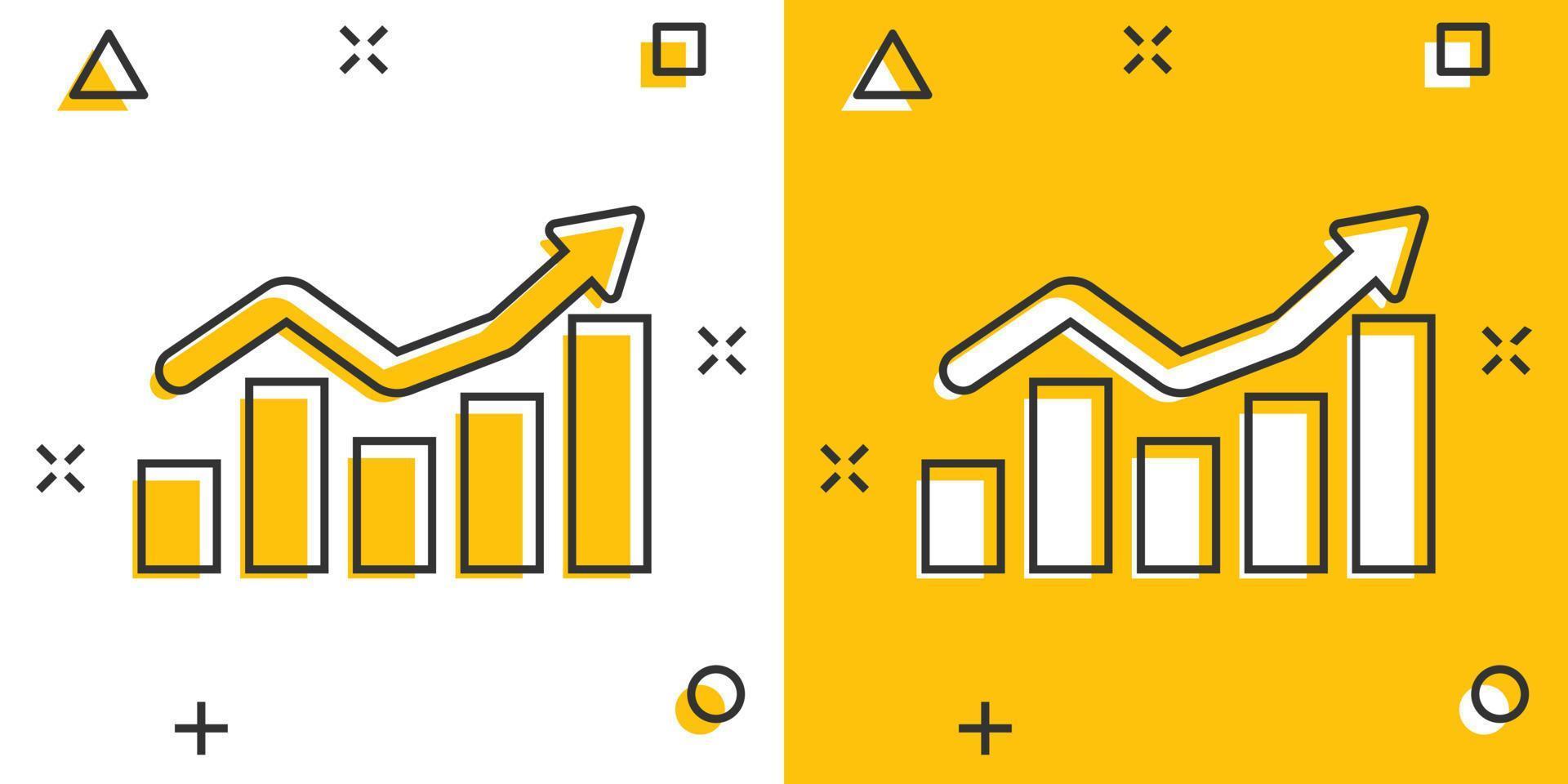 creciente icono de gráfico de barras en estilo cómico. aumentar el pictograma de ilustración de dibujos animados de vector de flecha. efecto de salpicadura de concepto de negocio de progreso infográfico.