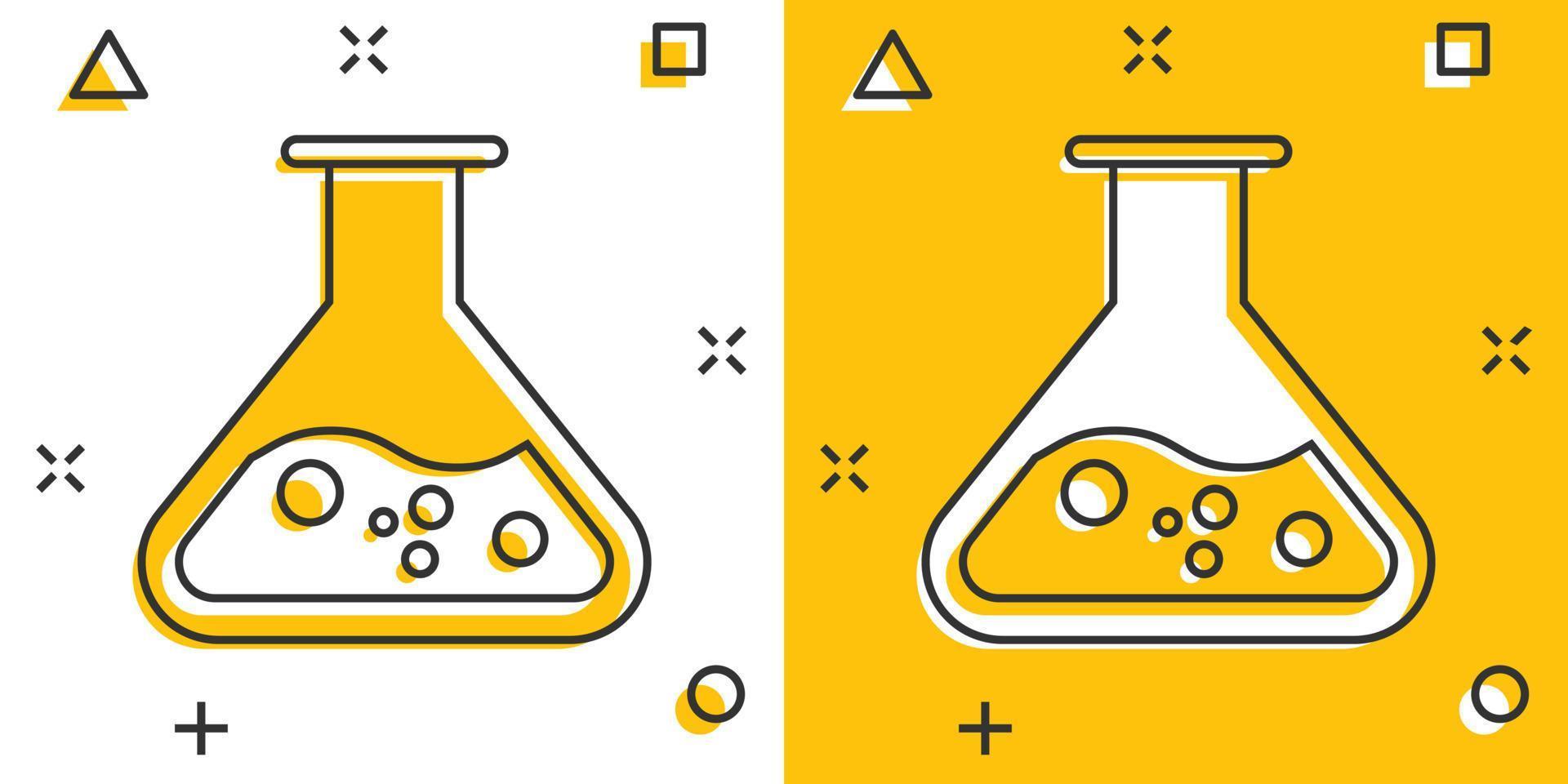 los vasos de precipitados de química firman un icono en estilo cómico. ilustración de dibujos animados de vector de tubo de ensayo de matraz sobre fondo blanco aislado. efecto de salpicadura del concepto de negocio de alquimia.