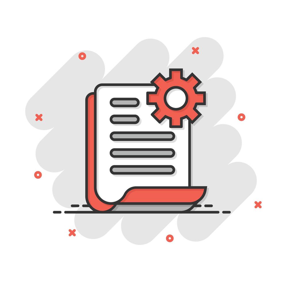 Document with gear icon in comic style. Big data processing cartoon vector illustration on white isolated background. Paper sheet software solution splash effect business concept.