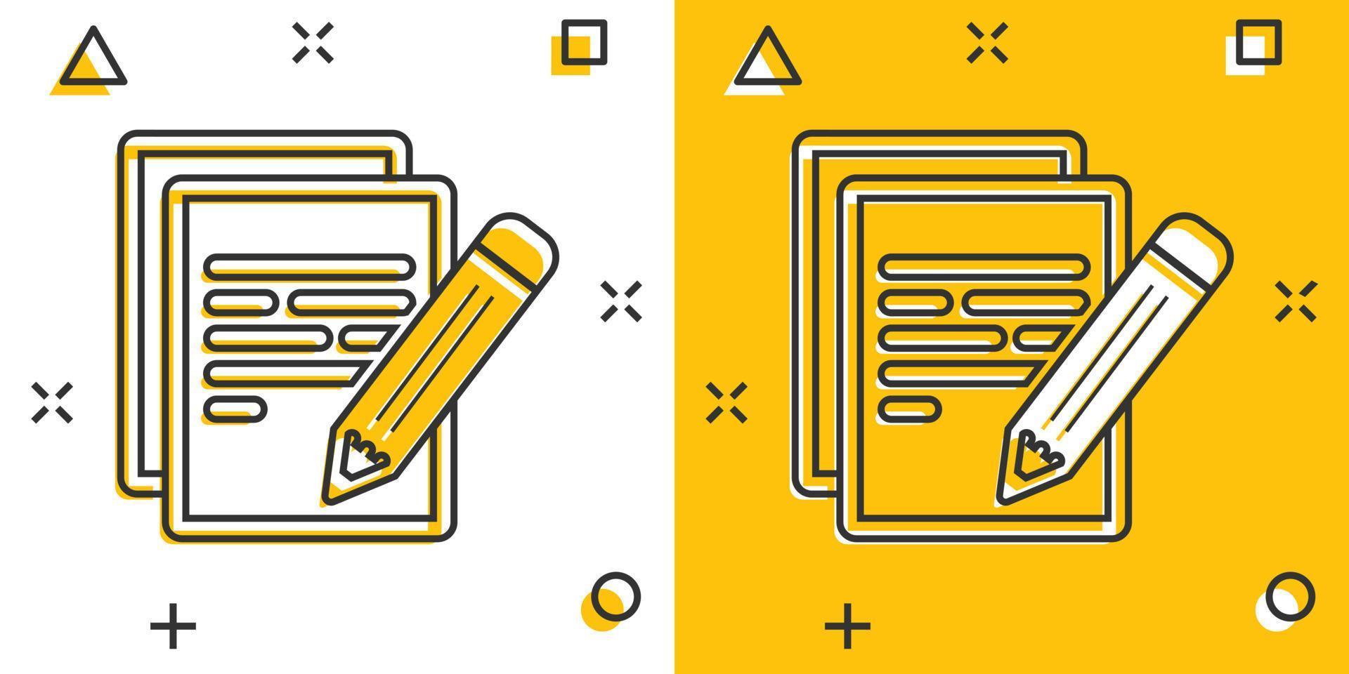 Vector cartoon document with pencil icon in comic style. Note with pen sign illustration pictogram. Notebook business splash effect concept.