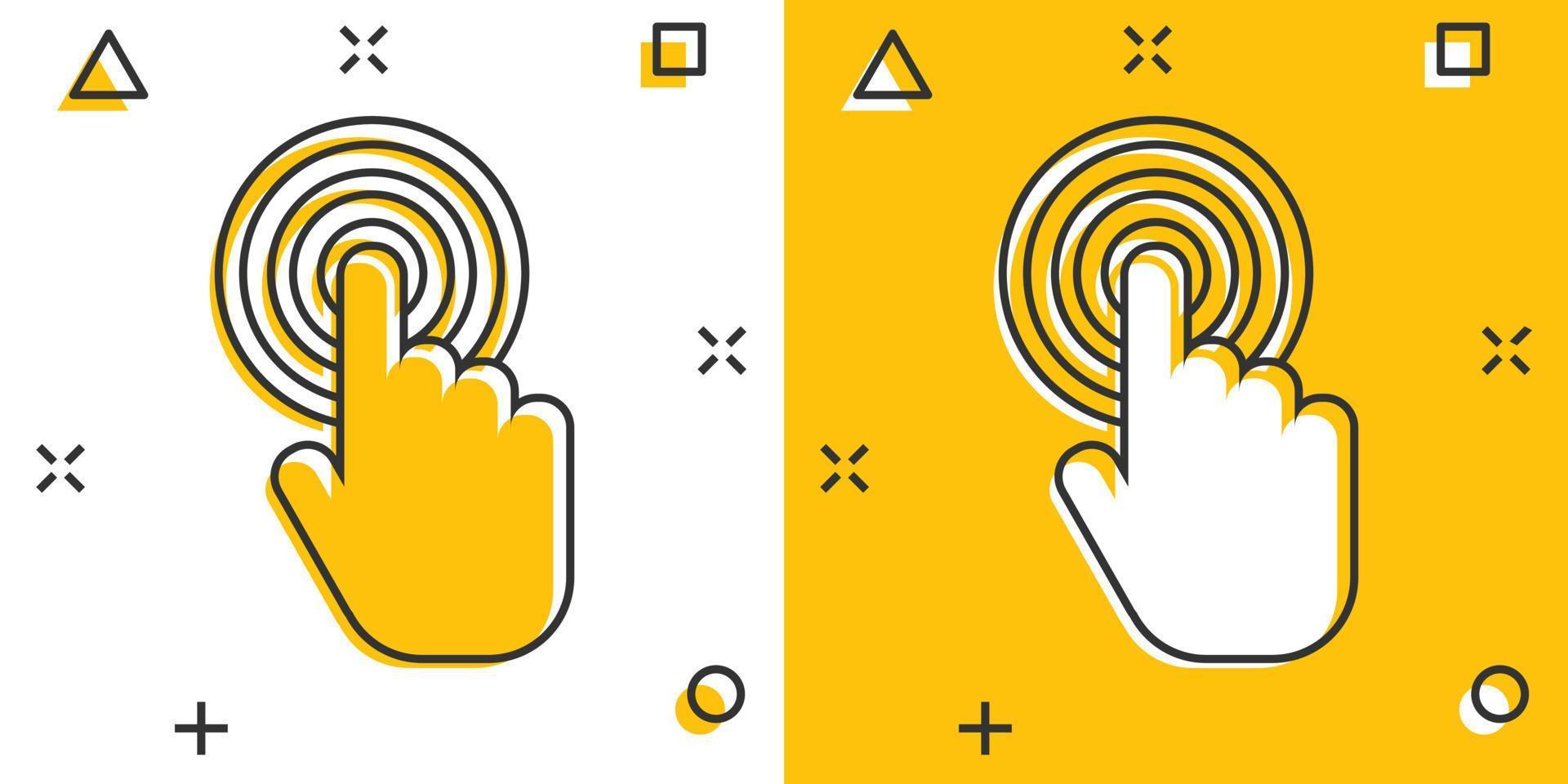 caricatura vectorial haga clic en el icono de la mano en estilo cómico. pictograma de ilustración de signo de dedo del cursor. concepto de efecto de salpicadura de negocio de puntero. vector