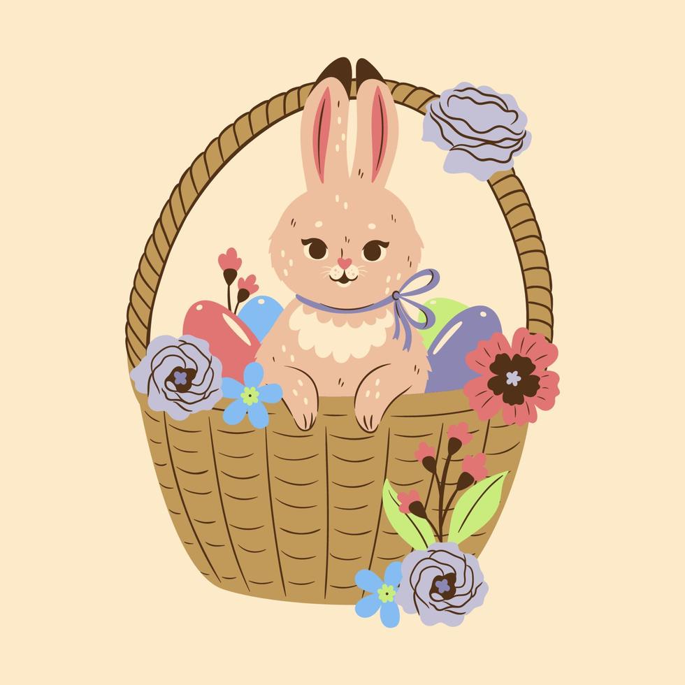 Cute Easter bunny in a basket. Vector graphics.