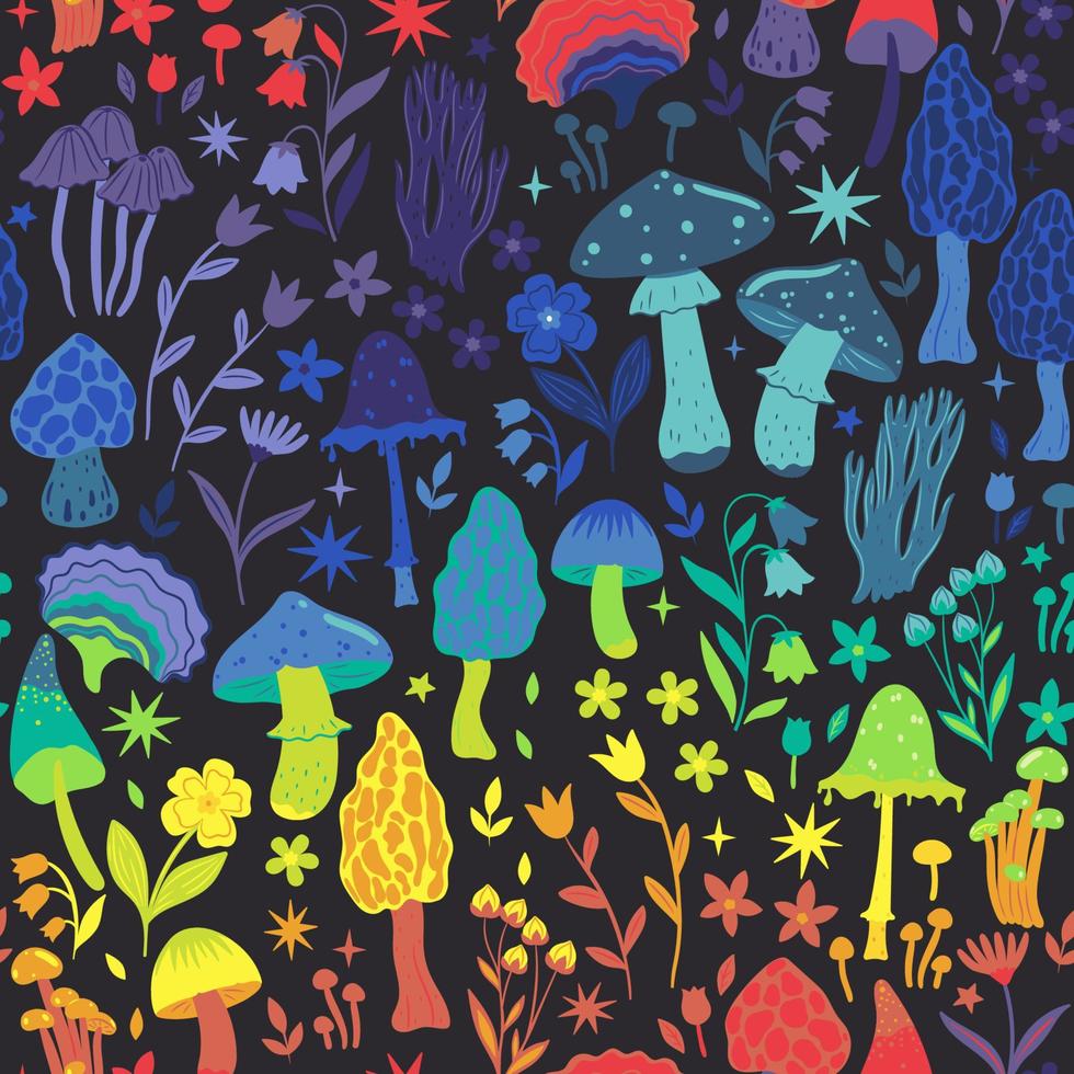 Seamless pattern with magical mushrooms and flowers. Vector graphics.