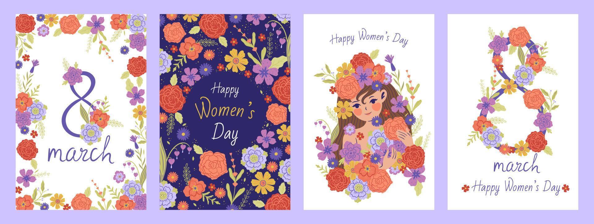 A set of postcards for the eighth of March with flowers. Vector graphics.