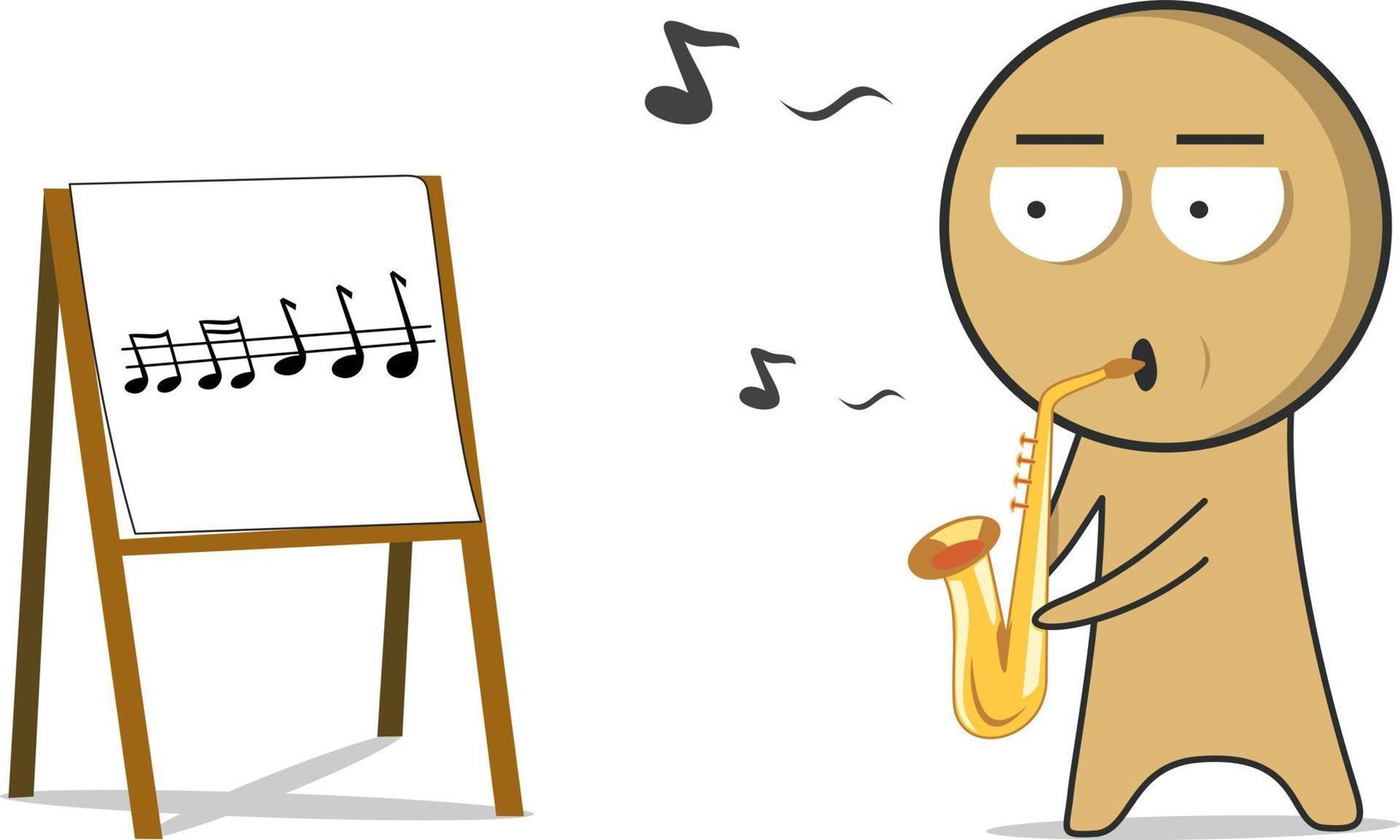 The boy learns to play the saxophone from the notes vector
