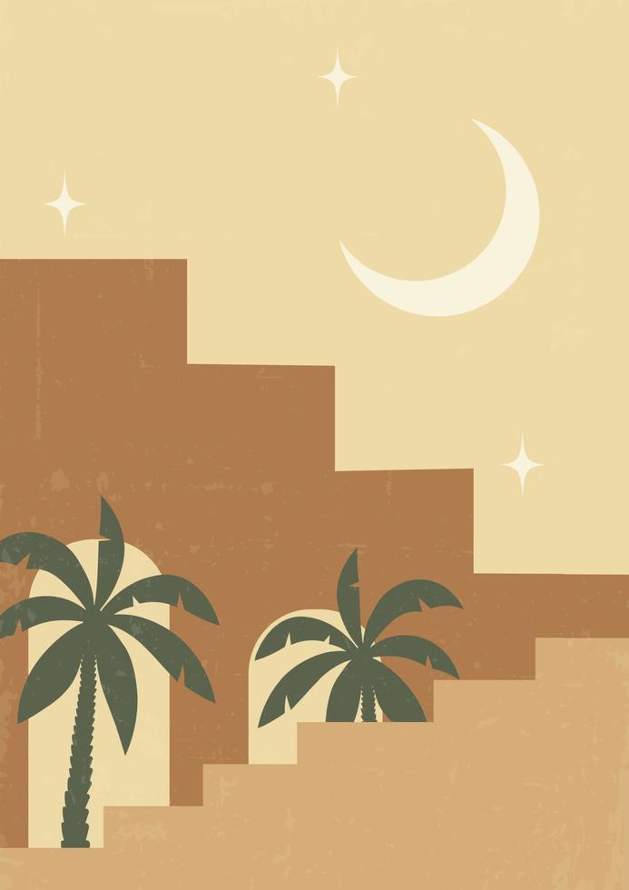 Architecture elements and moon poster illustration. Modern aesthetic illustrations. Boho style artistic design for wall decoration vector