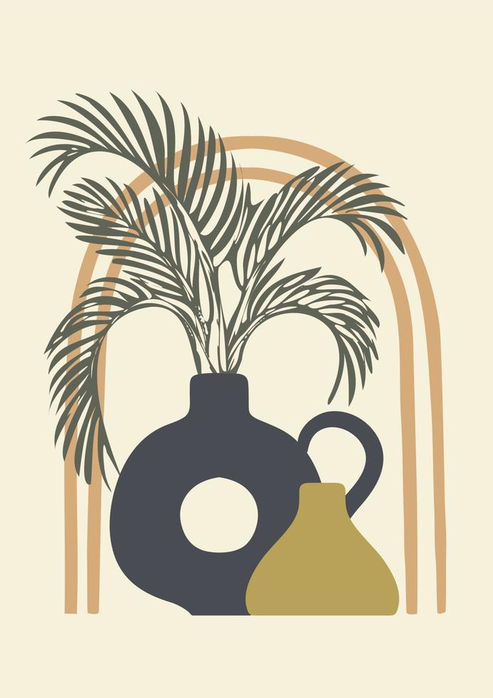 Aesthetic illustration with palm leaves and abstract vases. Minimalist shapes in pastel colors vector