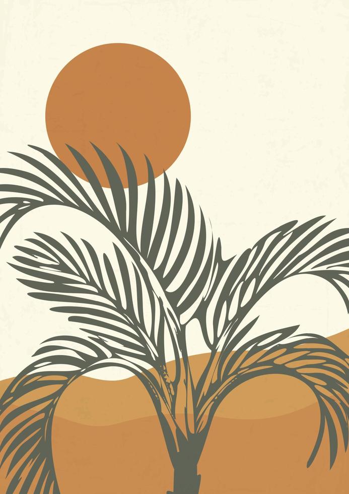 oasis en el desierto ilustración imprimible minimalista. paisaje de naturaleza salvaje de dunas y palmeras vector