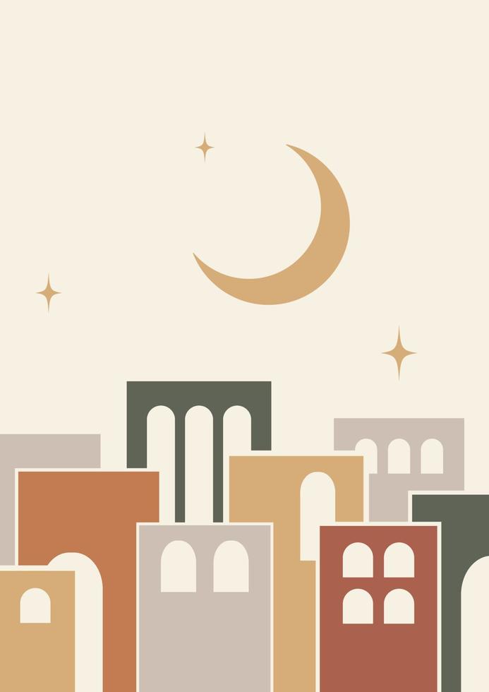 Architecture elements and moon poster illustration. Modern aesthetic illustrations. Boho style artistic design for wall decoration vector