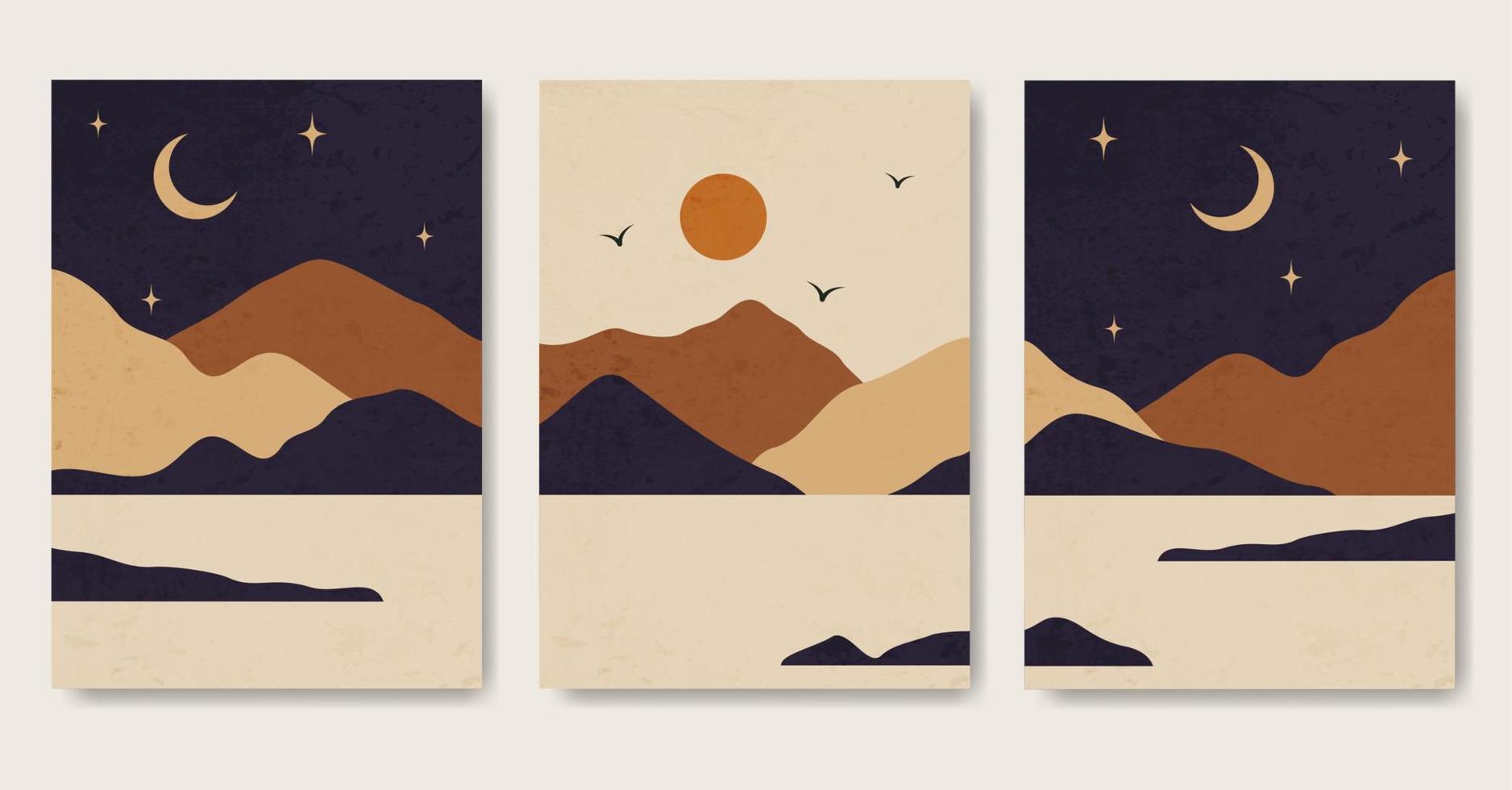 Day and night mountain texture landscape poster set. Modern boho background with sun and mountains, minimalist wall decor. Vector a4 art print