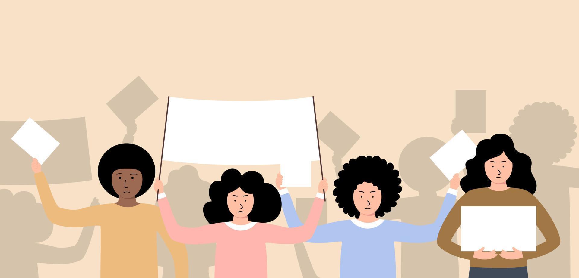 Crowd of protesters people. Silhouettes of hands people with banners vector