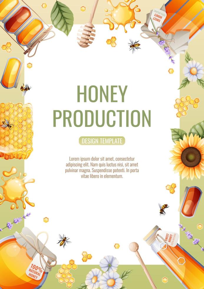Flyer design, advertising banner with honey products. Honey shop, healthy and sweet products. Vector illustration of poster in a4 size for flyer, banner, postcard, poster, etc.