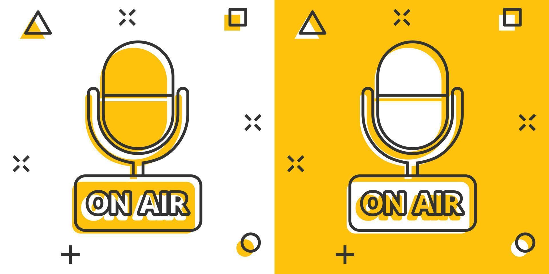 Microphone icon in comic style. Live broadcast vector cartoon illustration on white isolated background. On air business concept splash effect.
