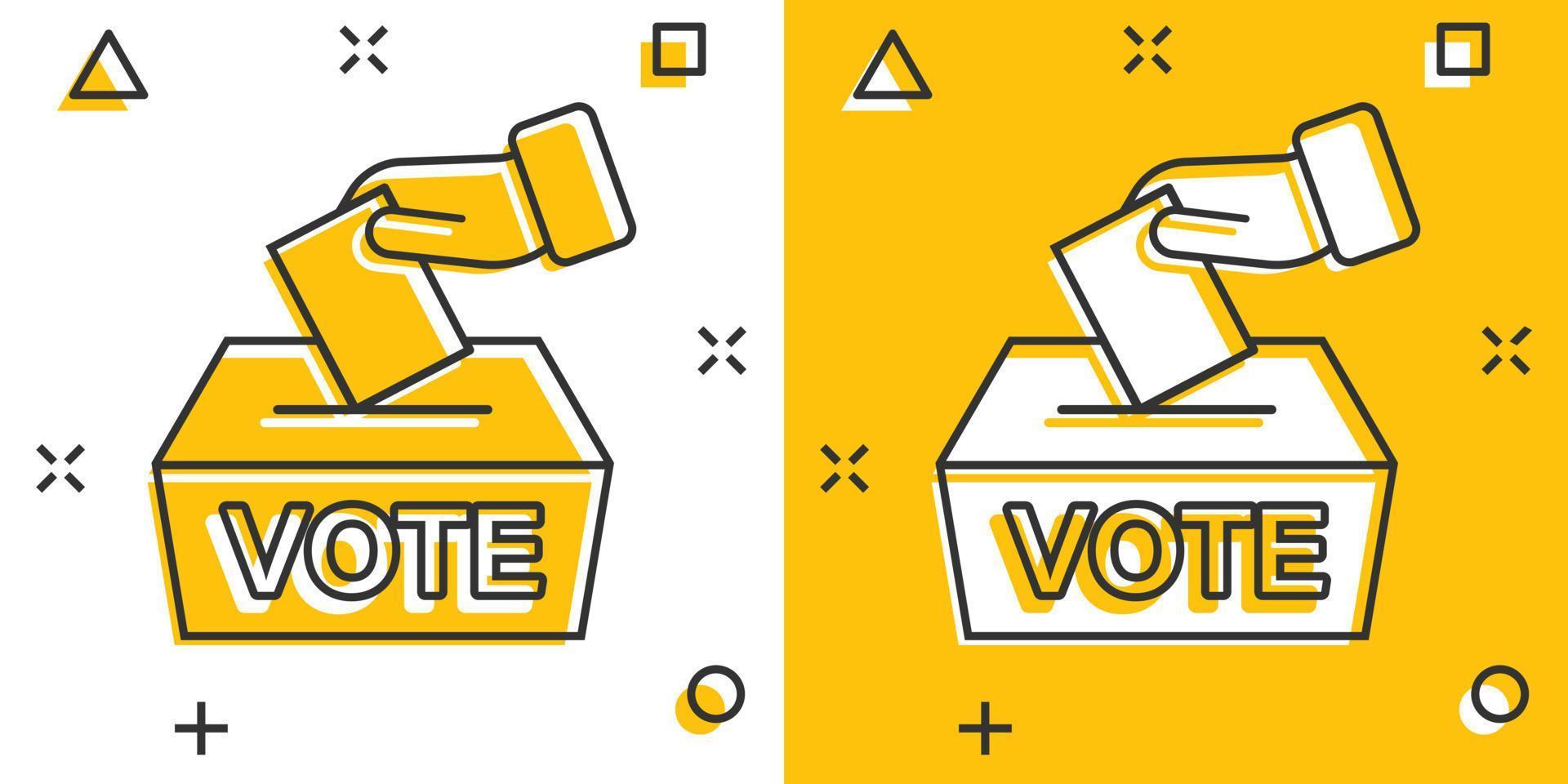 Vote icon in comic style. Ballot box cartoon vector illustration on white isolated background. Election splash effect business concept.
