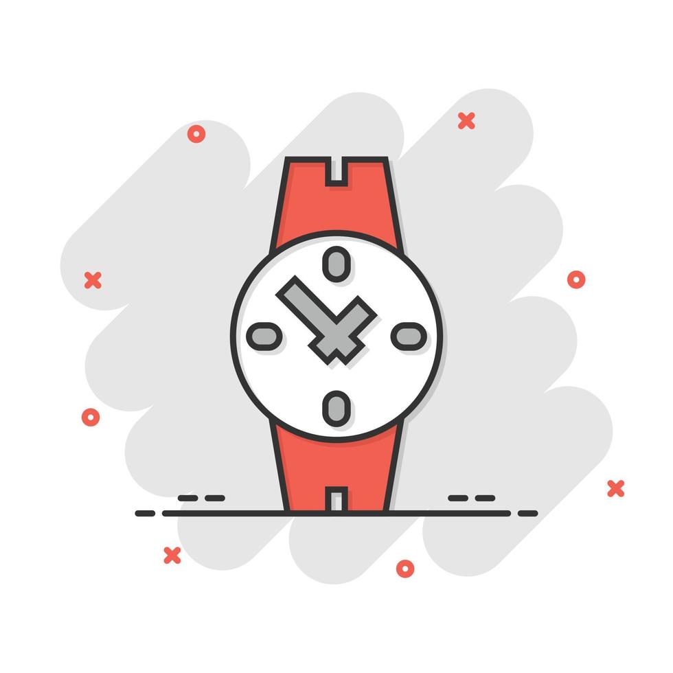 Wrist watch icon in comic style. Hand clock cartoon vector illustration on white isolated background. Time bracelet splash effect business concept.