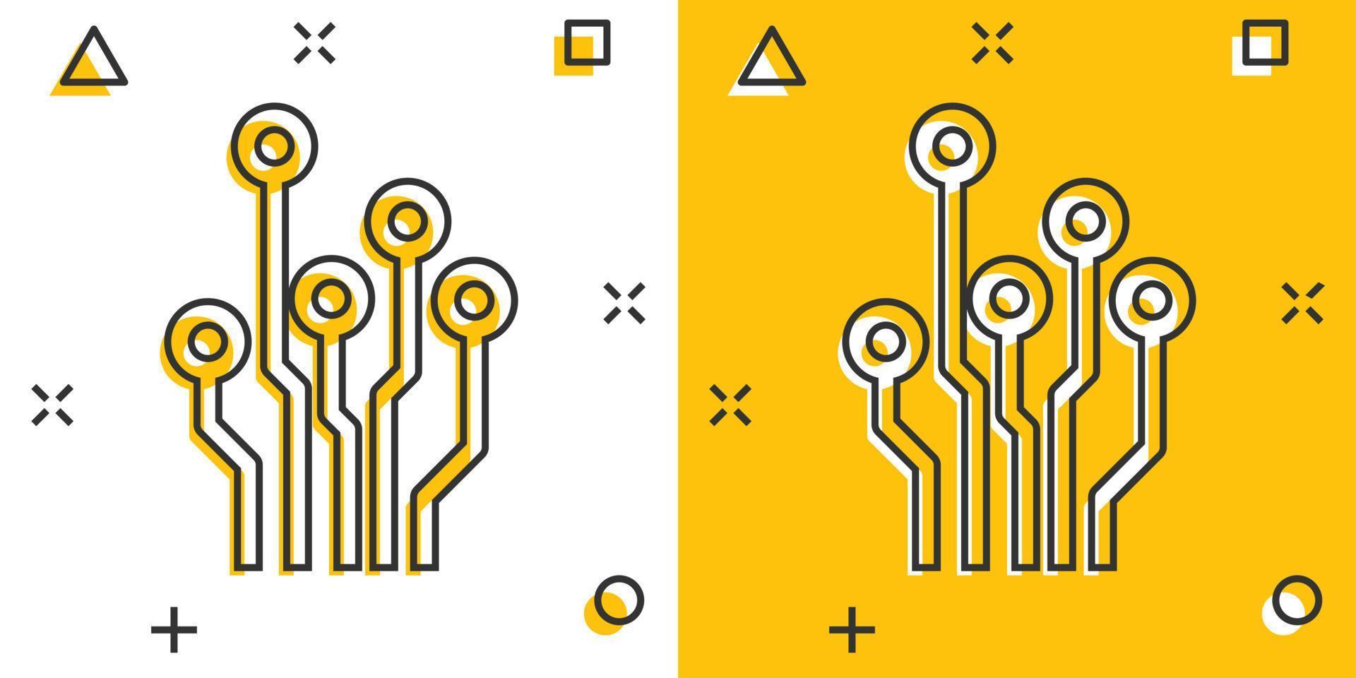 icono de placa de circuito de dibujos animados de vector en estilo cómico. pictograma de ilustración de signo de esquema de tecnología. concepto de efecto de salpicadura de negocio de microchip.