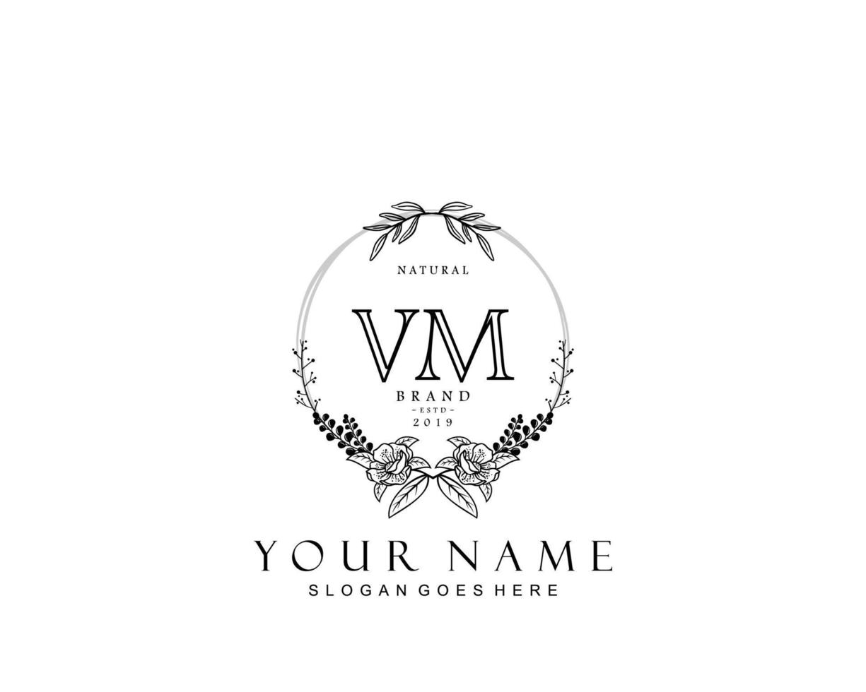 Initial VM beauty monogram and elegant logo design, handwriting logo of initial signature, wedding, fashion, floral and botanical with creative template. vector