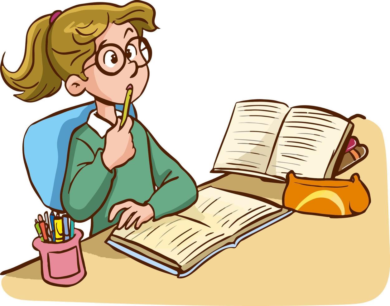 girl studying at desk cartoon vector