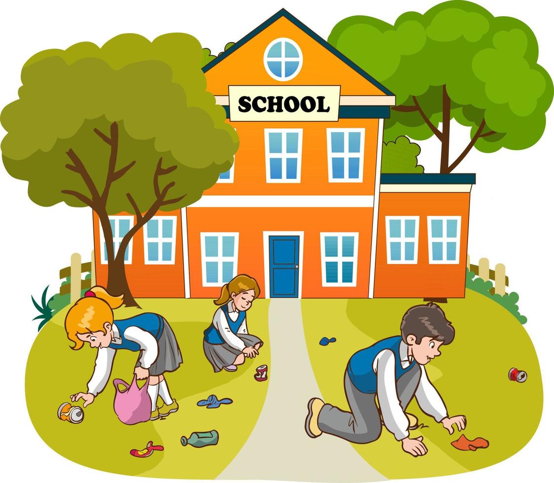 Kids volunteering cleaning up school cartoon vector illustration