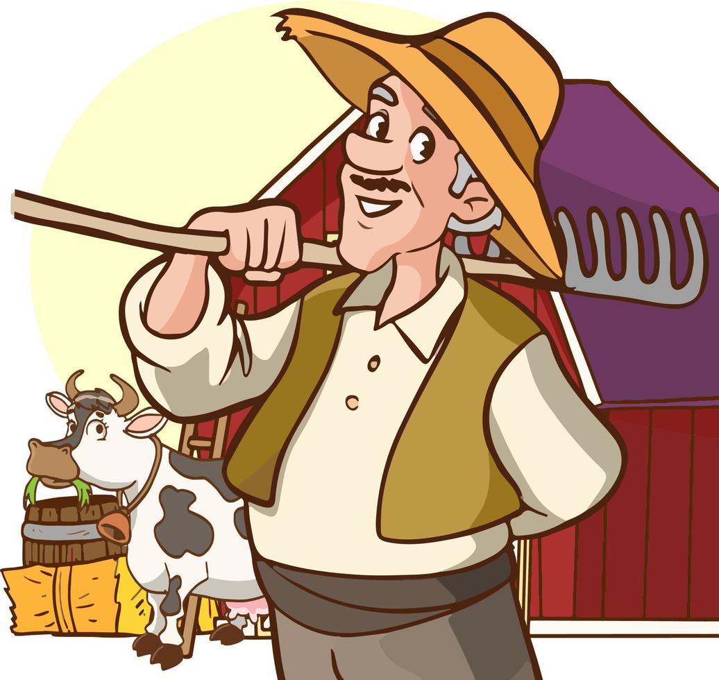 cartoon vector illustration of a cute farmer standing in front of his farmhouse.