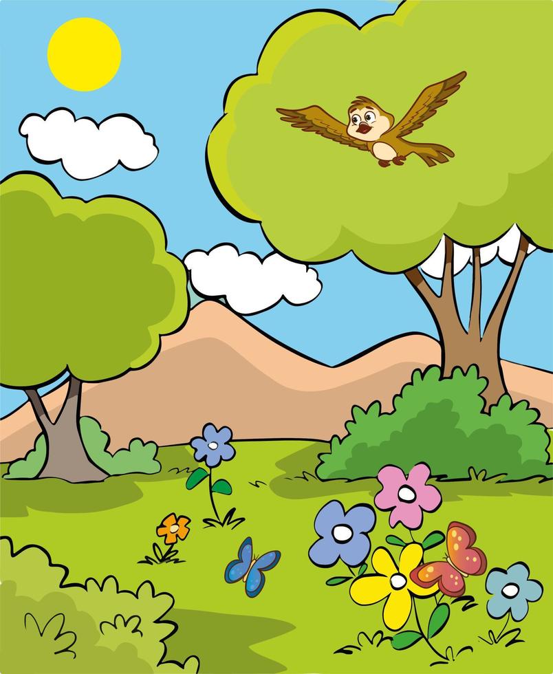 paisaje primaveral con árboles, montañas, campos, flores. ilustración vectorial. vector