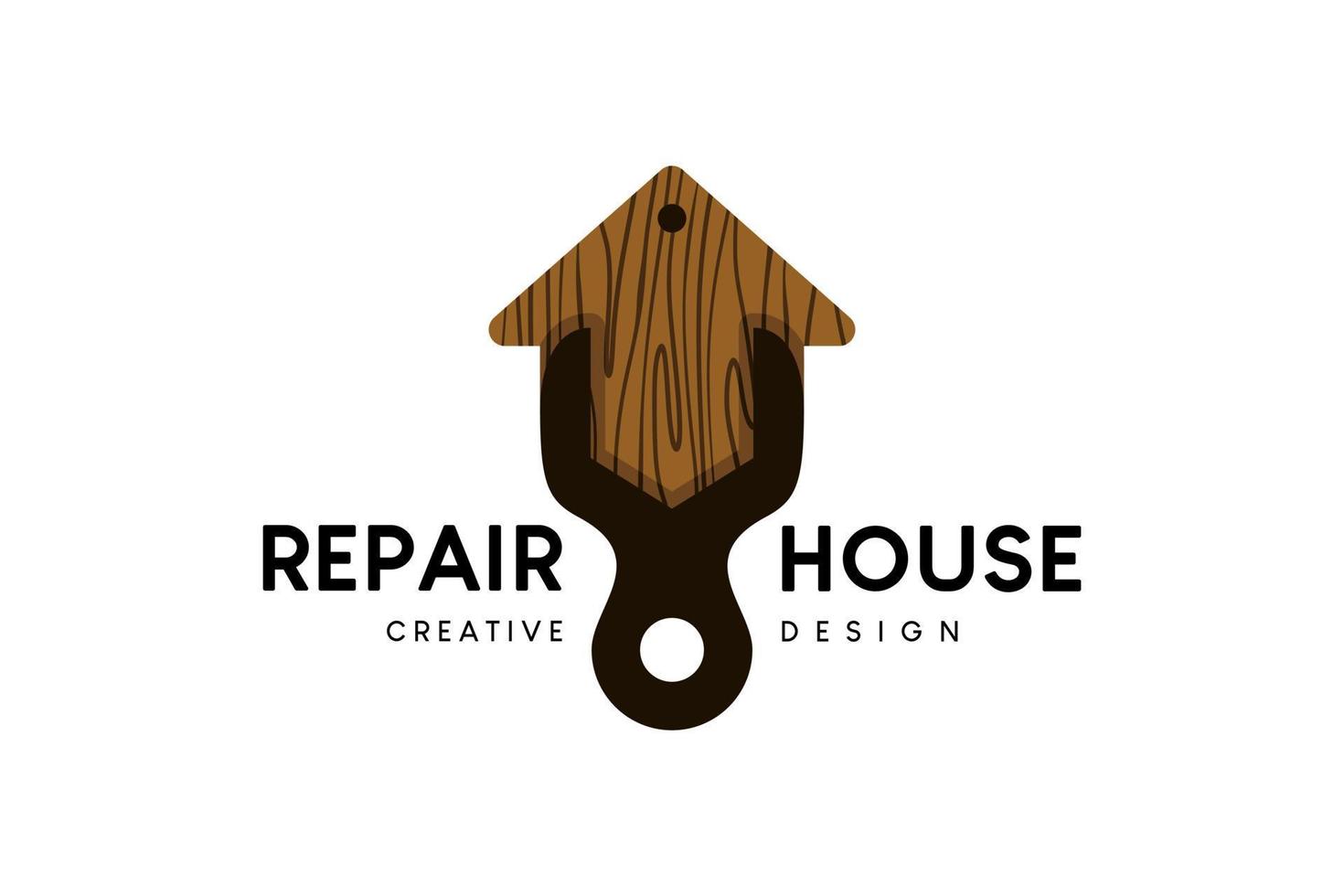 Home repair or home renovation logo with a combination of a wrench icon and a wooden house icon vector