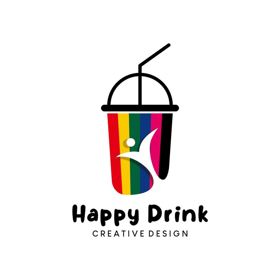 diseño de logotipo de bebida, bebida feliz con el concepto de copa de vidrio de color arco iris vector