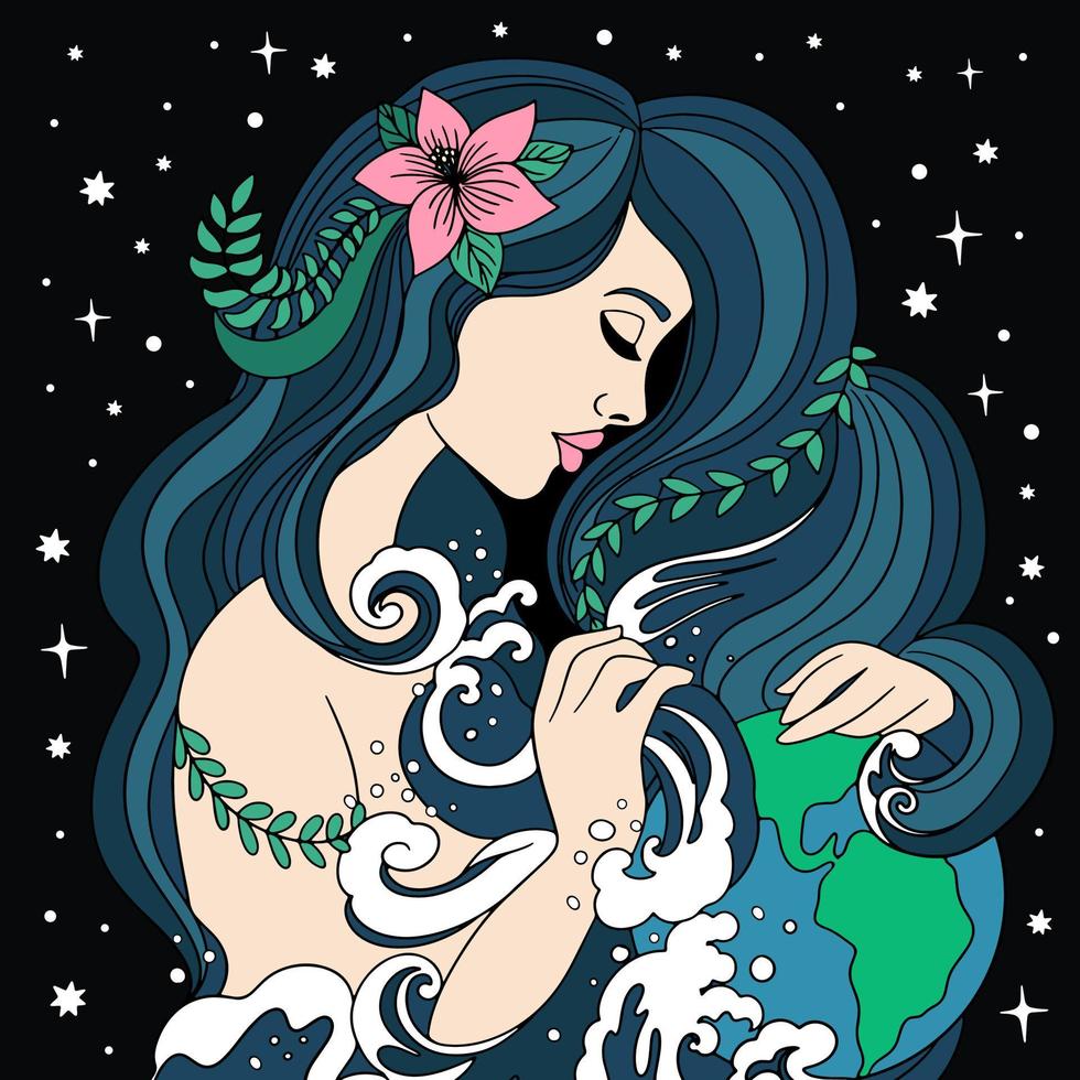 woman as a symbol of nature protects the planet earth, washes it with the waters of the ocean. Save the planet concept vector