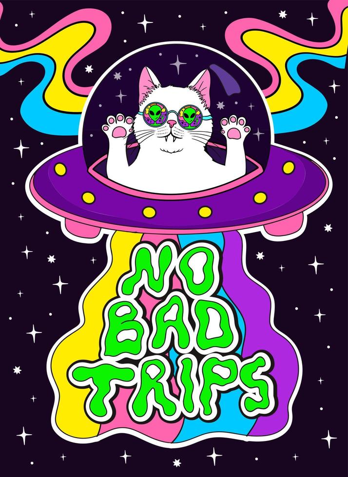 psychedelic groovy white cat in sunglasses, cool space trip vector