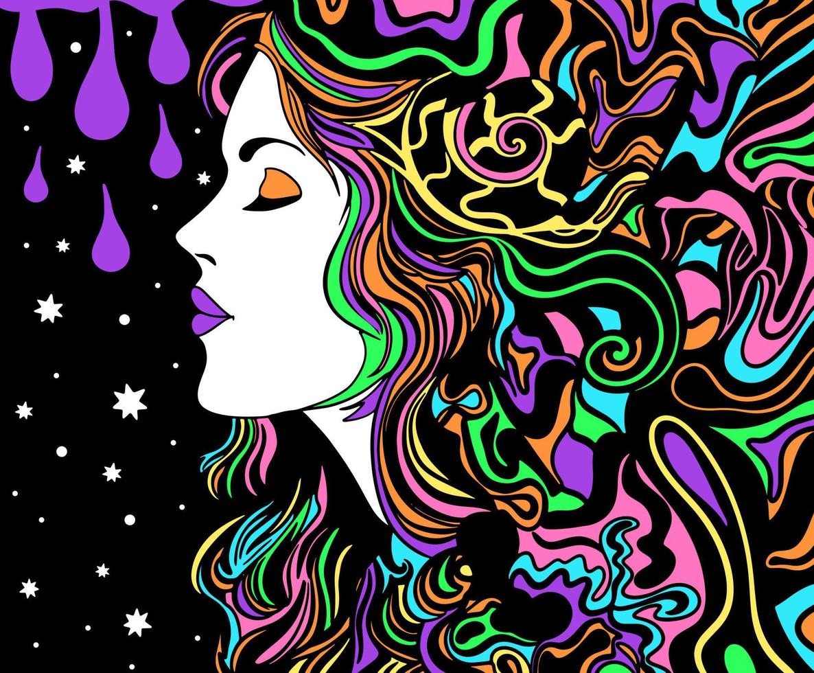 Psychedelic style hippy girl, retro poster. Dreamy woman in space trip vector