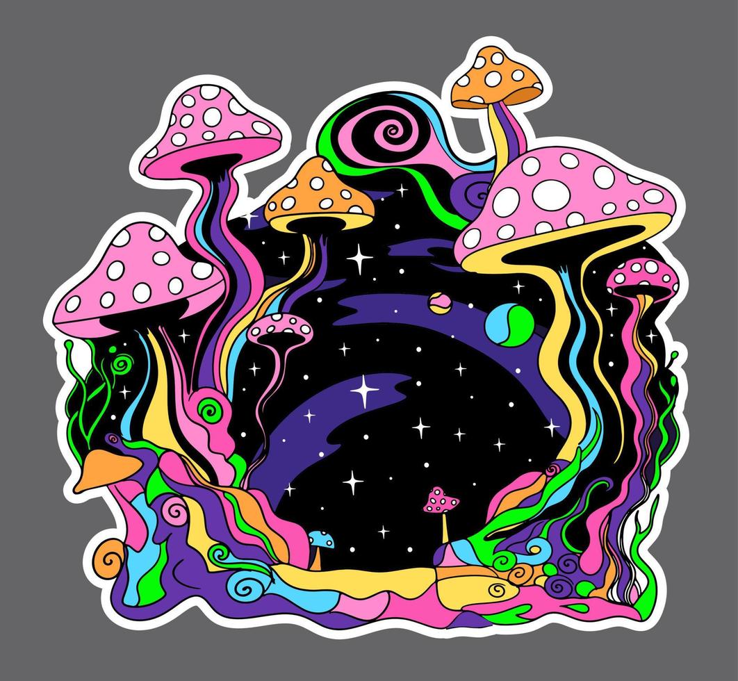 Psychedelic hippie mushrooms sticker. 70s cartoon retro style vector