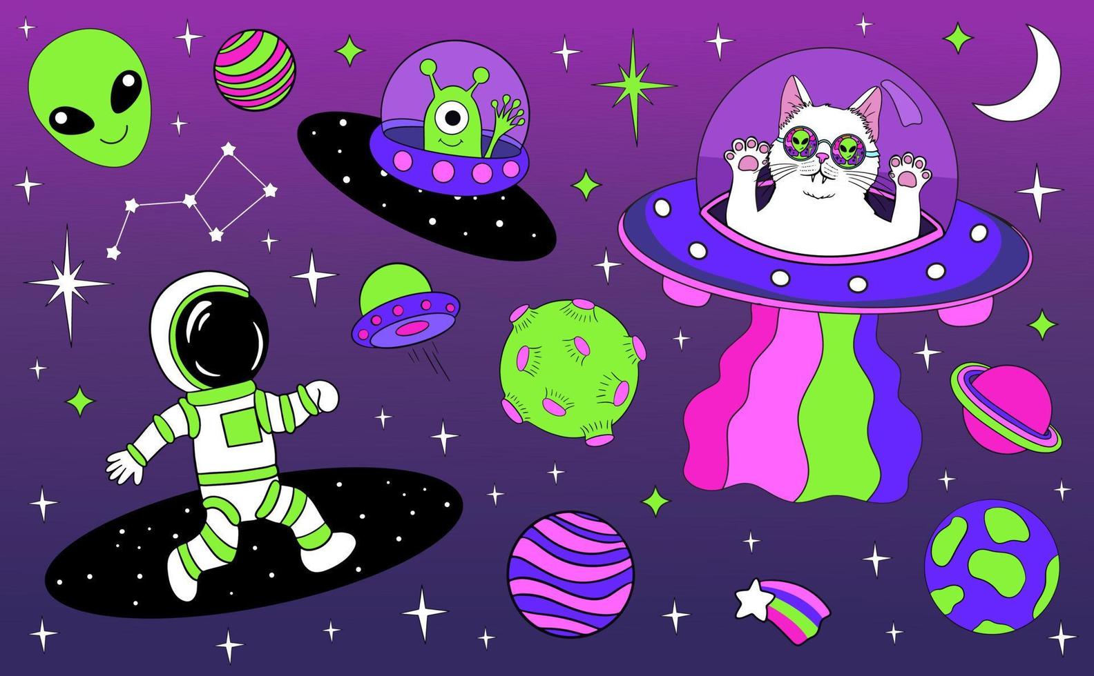 astronautas y alienígenas en la ilustración de vectores de dibujos animados espaciales. viajes maravillosos del espacio