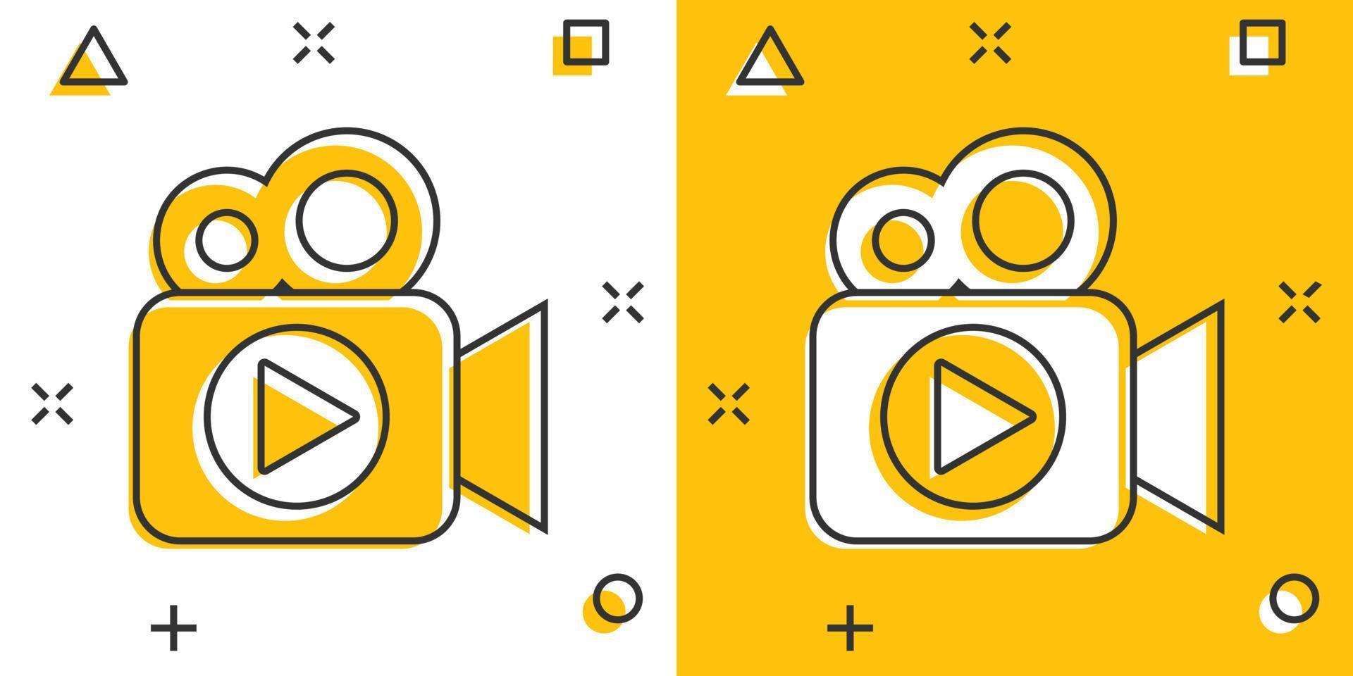 Video camera icon in comic style. Movie play vector cartoon illustration pictogram. Video streaming business concept splash effect.