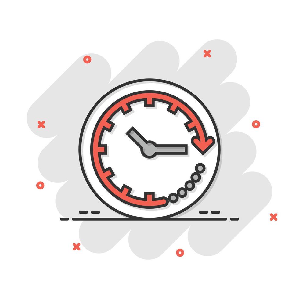 Clock icon in comic style. Watch cartoon vector illustration on white isolated background. Timer splash effect business concept.