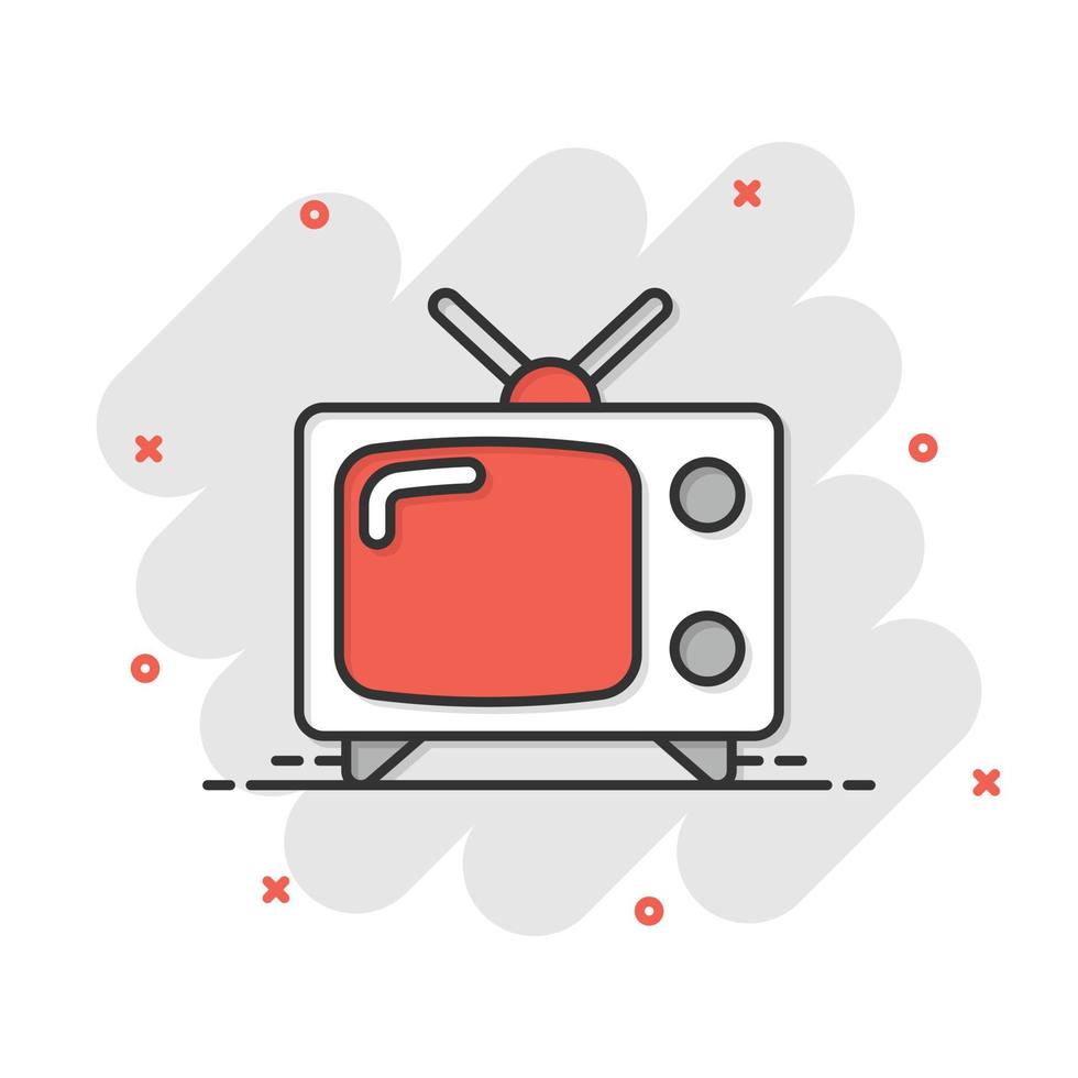 icono de vector de pantalla de tv retro en estilo cómico. vieja ilustración de dibujos animados de televisión sobre fondo blanco aislado. concepto de negocio de efecto de salpicadura de pantalla de tv.