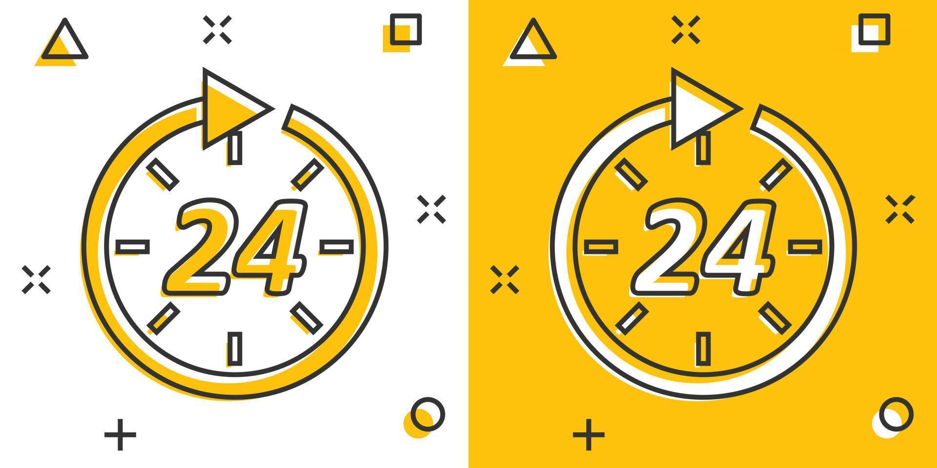Vector cartoon time icon in comic style. 24 hours sign illustration pictogram. Clock timer business splash effect concept.