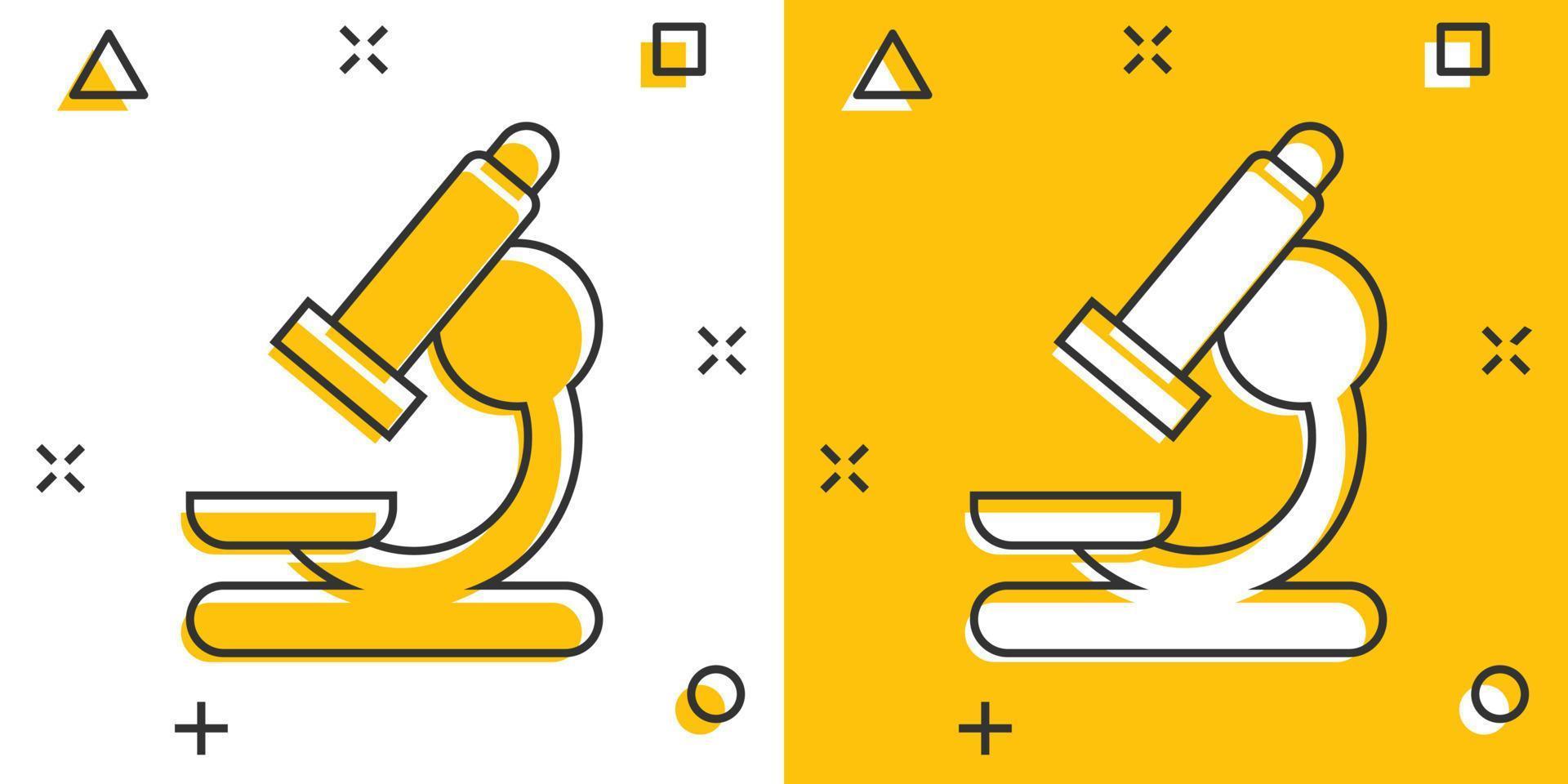 Vector cartoon microscope lab icon in comic style. Microscope sign illustration pictogram. Chemistry discovery business splash effect concept.