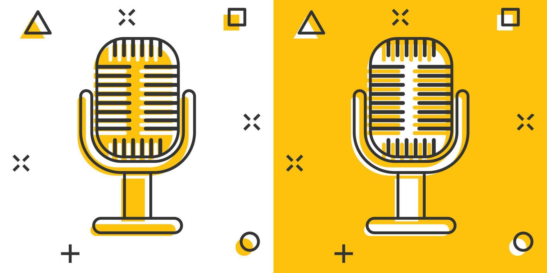 Microphone icon in comic style. Mic broadcast vector cartoon illustration pictogram. Microphone mike speech business concept splash effect.