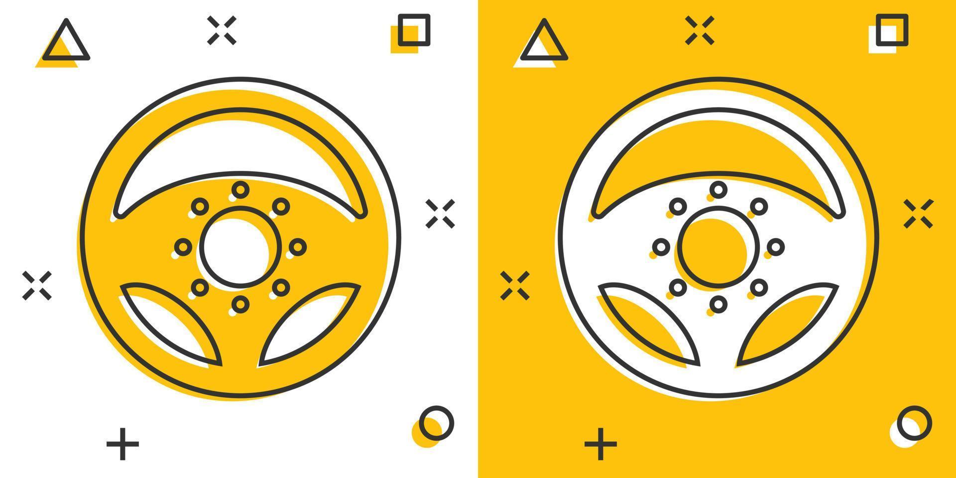 icono de volante de dibujos animados vectoriales en estilo cómico. Pictograma de ilustración de signo de rueda de timón. concepto de efecto de salpicadura de negocio de dirección. vector