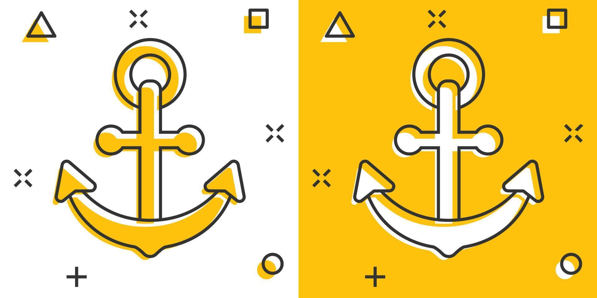 Boat anchor sign icon in comic style. Maritime equipment vector cartoon illustration on white isolated background. Sea security business concept splash effect.