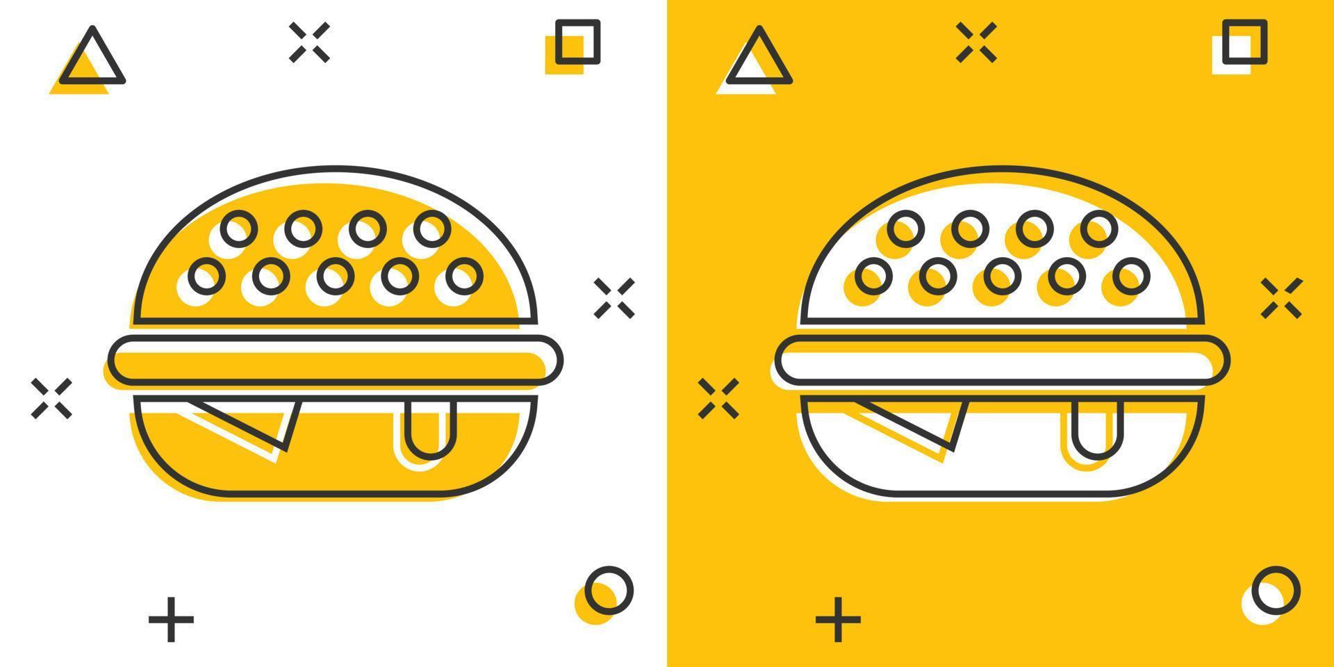 Burger sign icon in comic style. Hamburger vector cartoon illustration on white isolated background. Cheeseburger business concept splash effect.