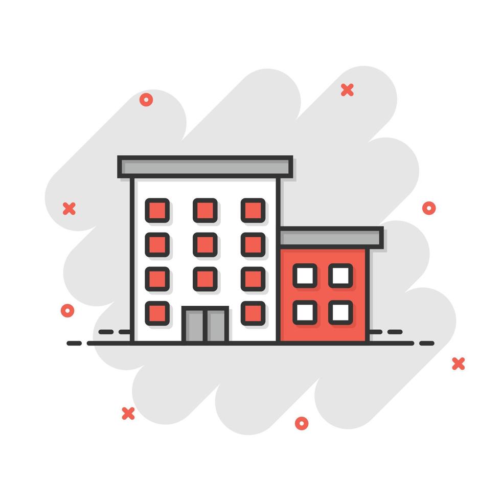 Building icon in comic style. Town skyscraper apartment cartoon vector illustration on white isolated background. City tower splash effect business concept.