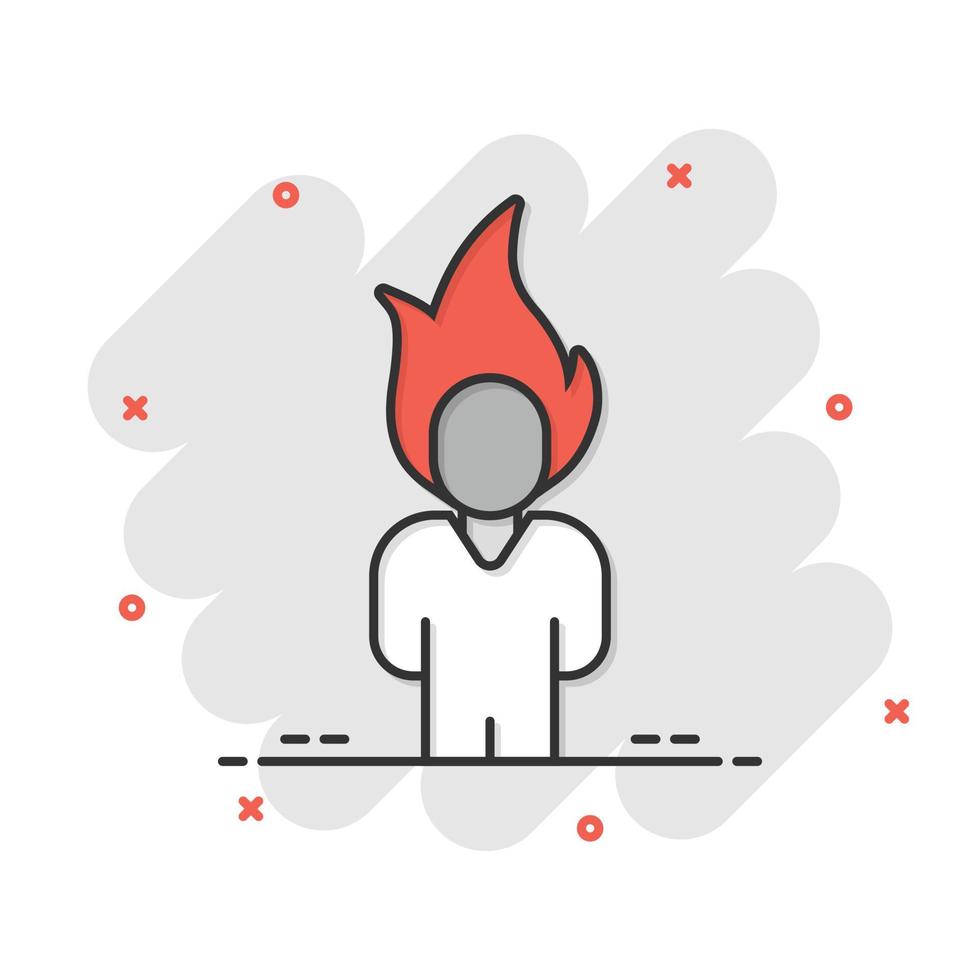 People with flame head icon in comic style. Stress expression cartoon vector illustration on white isolated background. Health problem splash effect business concept.