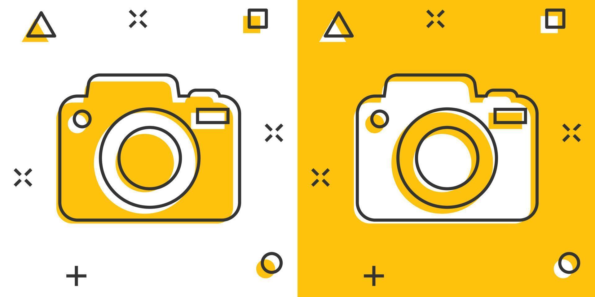 Vector cartoon photo camera icon in comic style. Photographer cam sign illustration pictogram. Camera business splash effect concept.