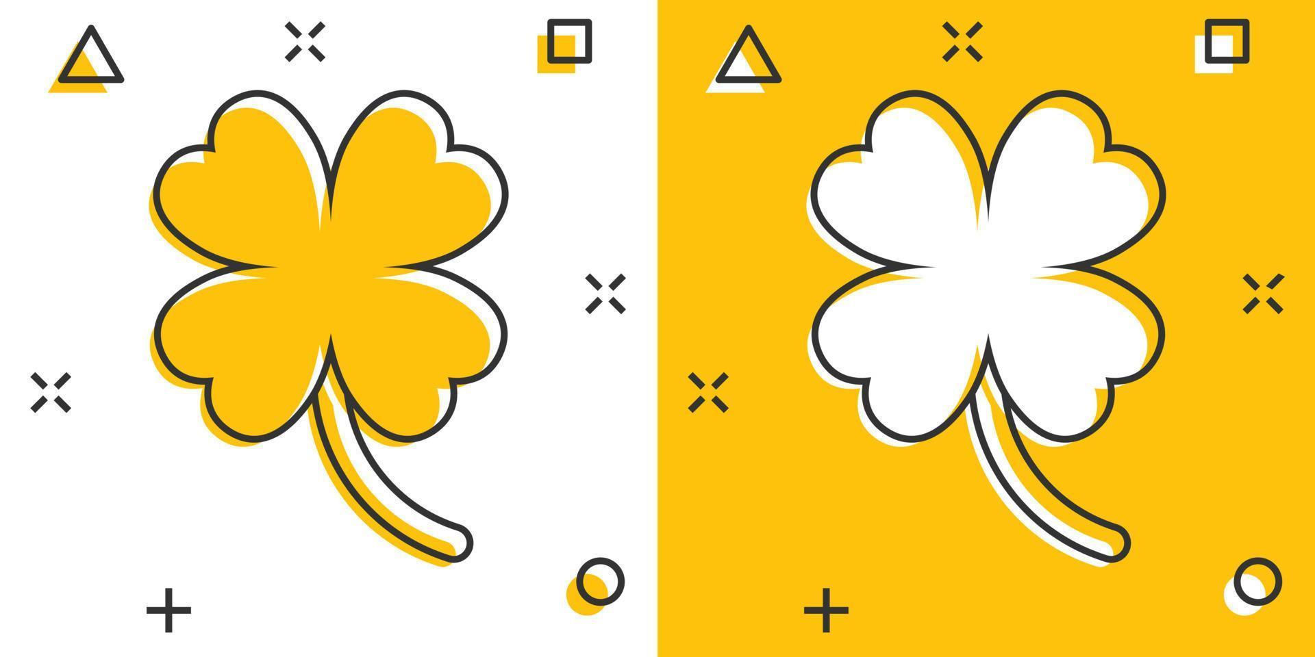 Vector cartoon four leaf clover icon in comic style. Clover sign illustration pictogram. Flower business splash effect concept.