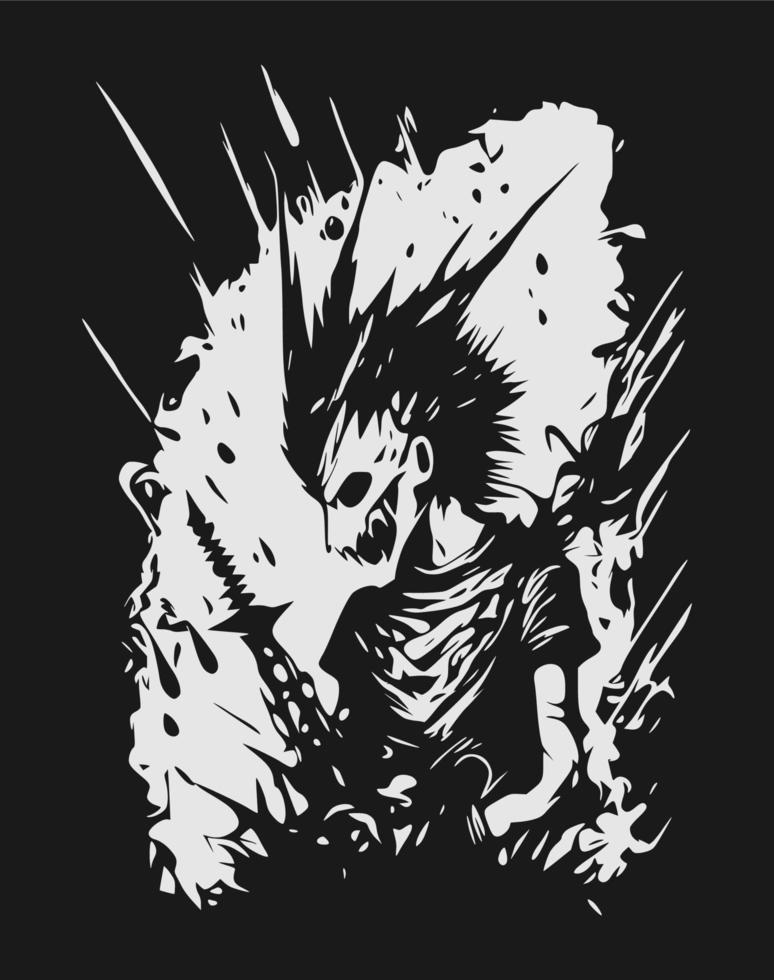 Hand drawn portrait of a creepy handsome man with scary monster face with white feline eyes and sharp teeth smile. Head in modern and surreal tattoo art. Isolated vector illustration.