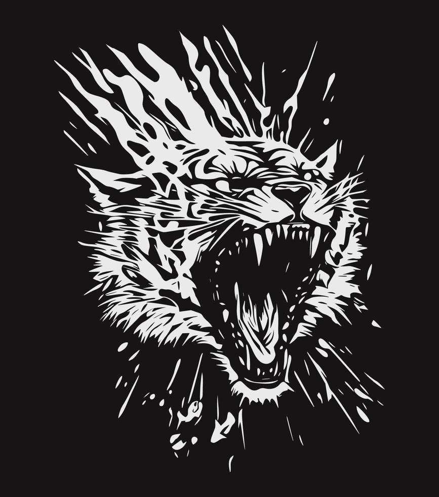psychedelic sketch Tiger Roar isolated on black background. Vector illustration